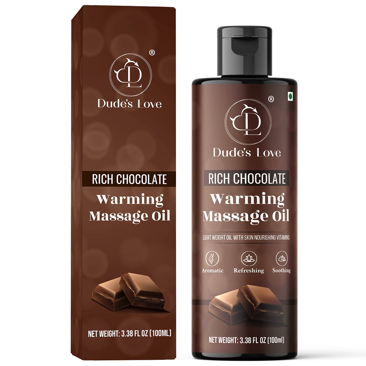 Front view of Dude's Love Organic Chocolate Warming Massage Oil bottle