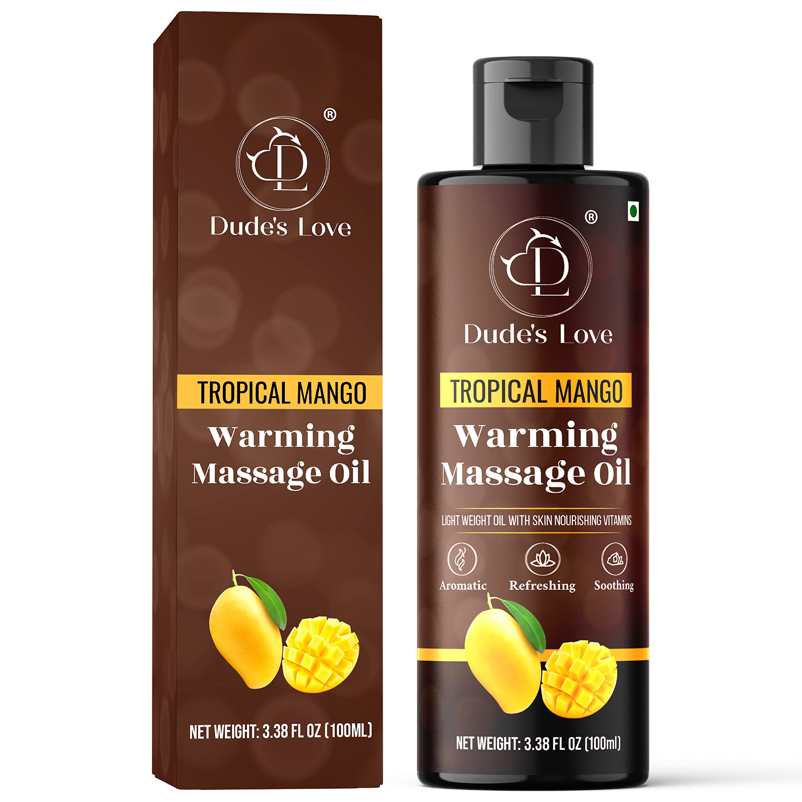 Dude's Love Tropical Mango warming massage oil bottle front