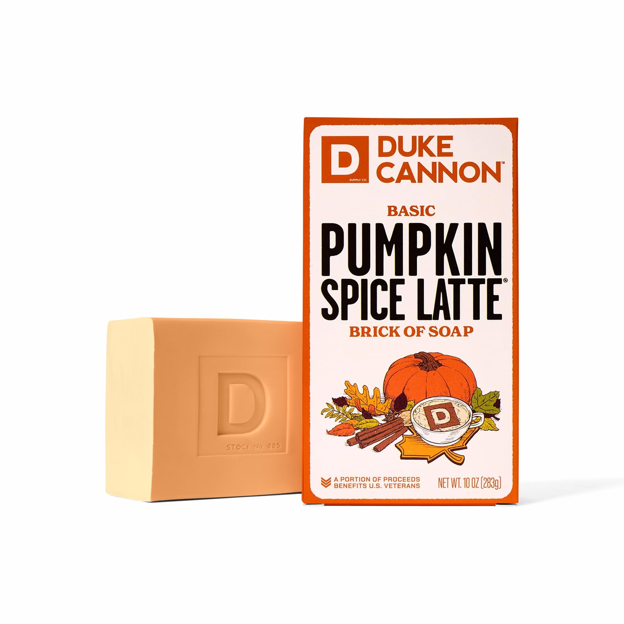 Duke Cannon Pumpkin Spice Latte soap bar with coffee grounds for exfoliation.