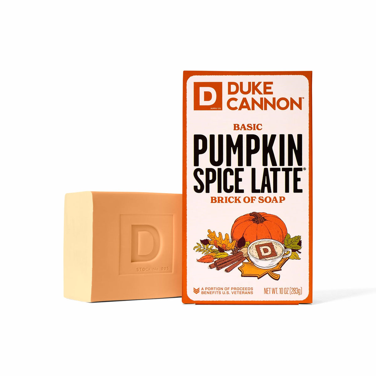 Duke Cannon Pumpkin Spice Latte soap bar with coffee grounds for exfoliation.