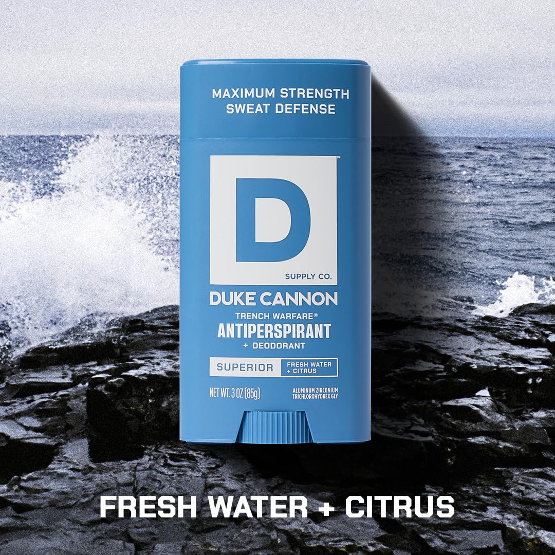 Aloe vera and vitamin E display on Duke Cannon Trench Warfare deodorant for skin comfort.