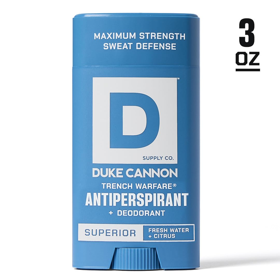 Cap-off view of Duke Cannon Trench Warfare deodorant highlighting travel-ready design.