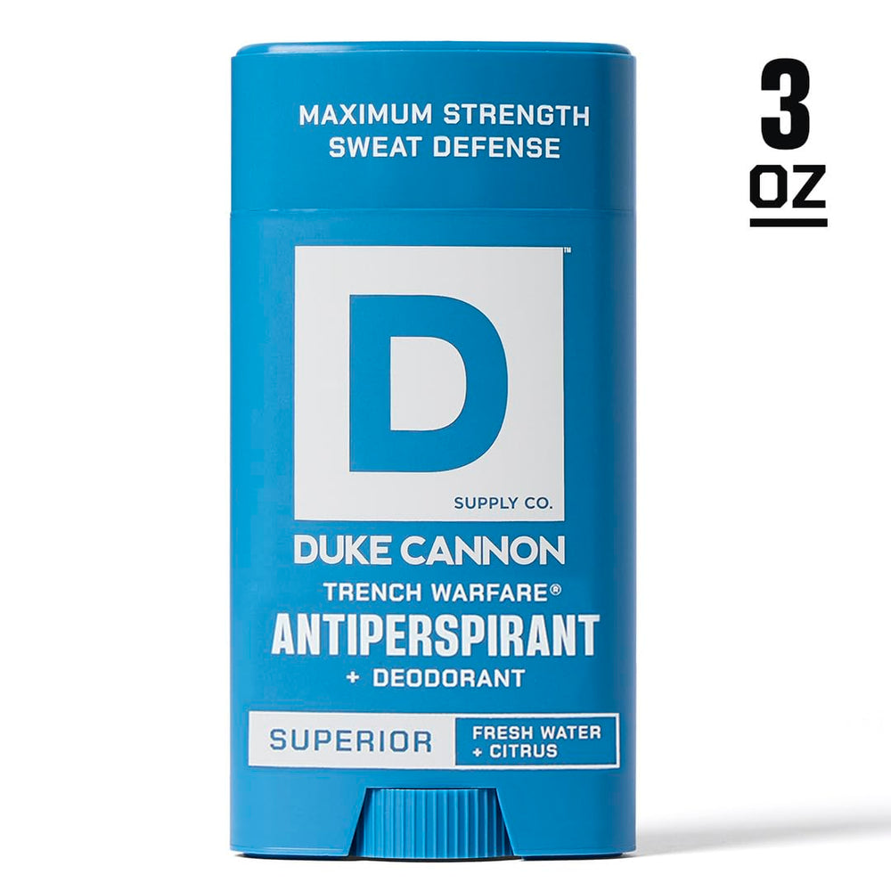 Cap-off view of Duke Cannon Trench Warfare deodorant highlighting travel-ready design.