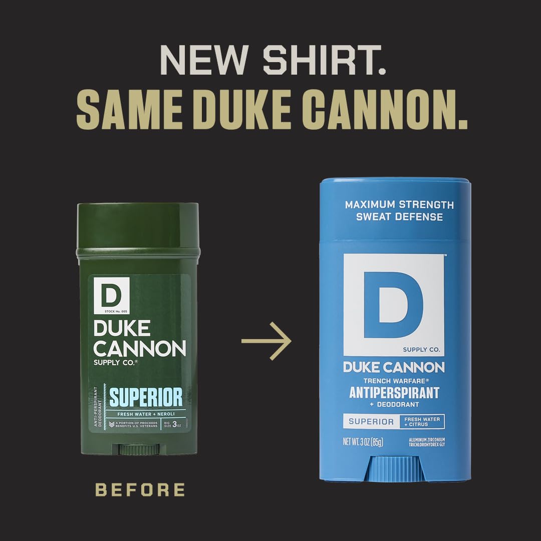 Sturdy aluminum packaging of Duke Cannon Trench Warfare deodorant shown up close.