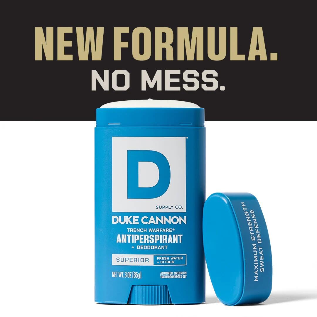Vitamin E indication on Duke Cannon Trench Warfare deodorant label for skin benefits.