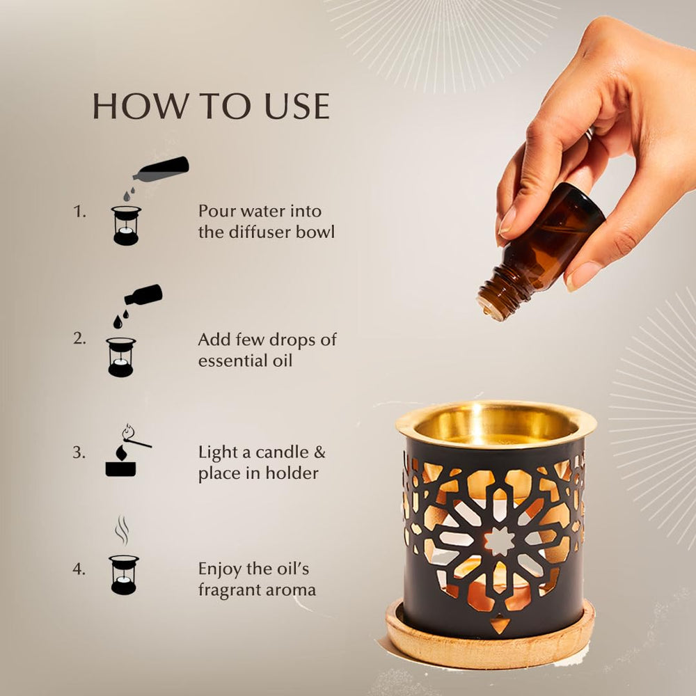Dukhni essential oil burner candle setup showing tea light use.