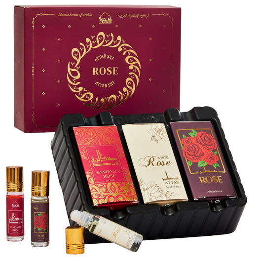 Dukhni Rose Attar Set – bottle trio (Rose, White Rose, Sandalia Rose) 6ml each