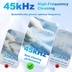 Cleaner cleaning dentures, braces, and retainers in ultrasonic bath
