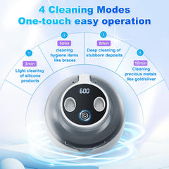 Cleans mouth guards and toothbrush heads in the device