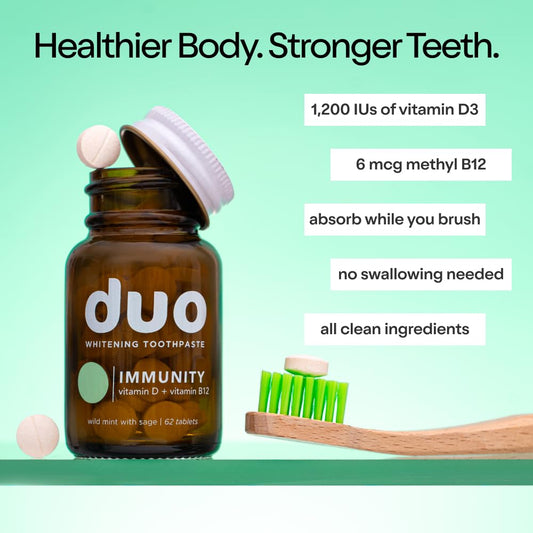 Eco-friendly glass bottle packaging for Duo Immunity Toothpaste Tablets