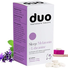 Front view of Duo Sleep Toothpaste Tablets bottle containing 62 tablets