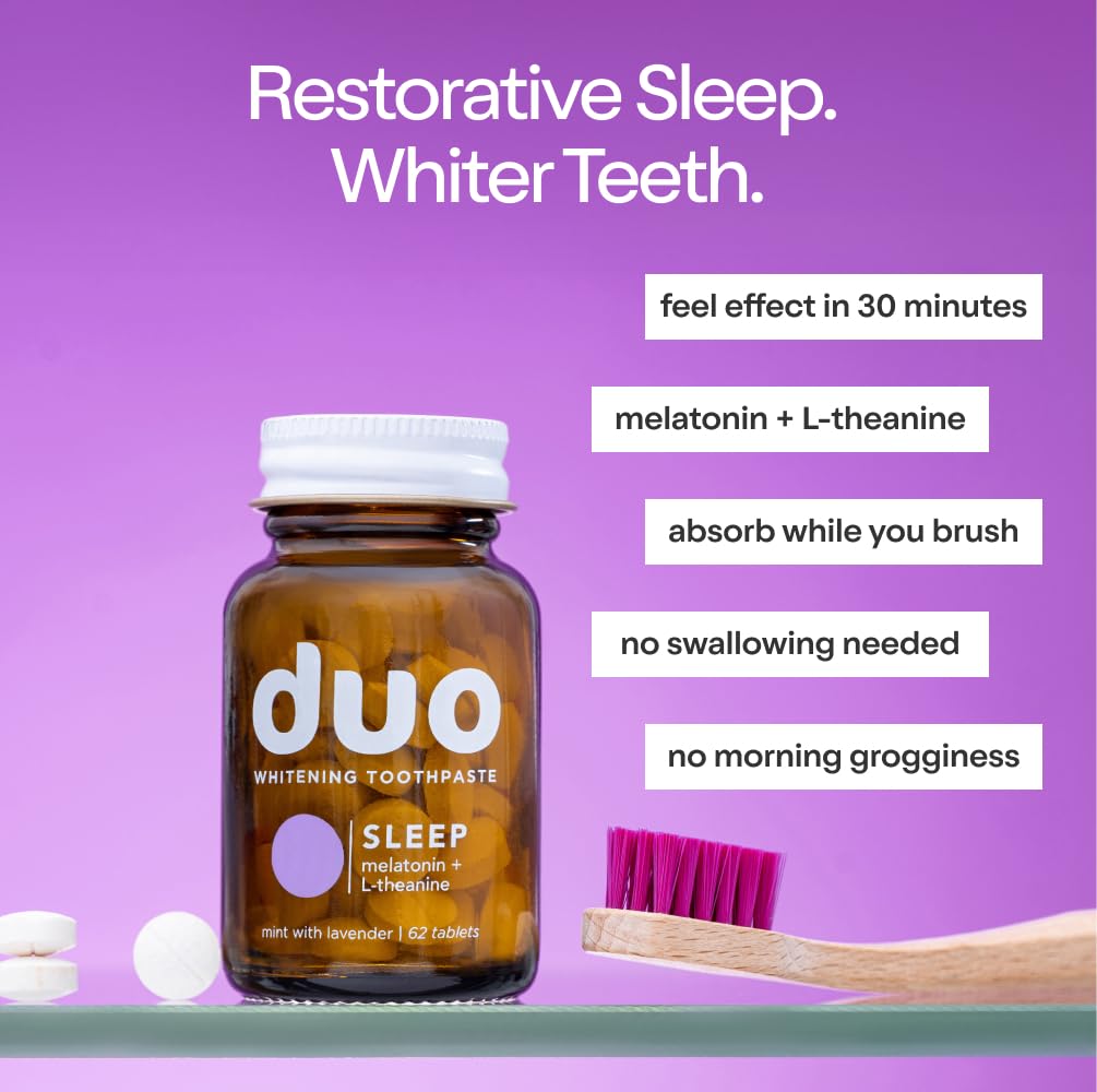 Side view of the recyclable glass bottle packaging for Duo Sleep Toothpaste Tablets