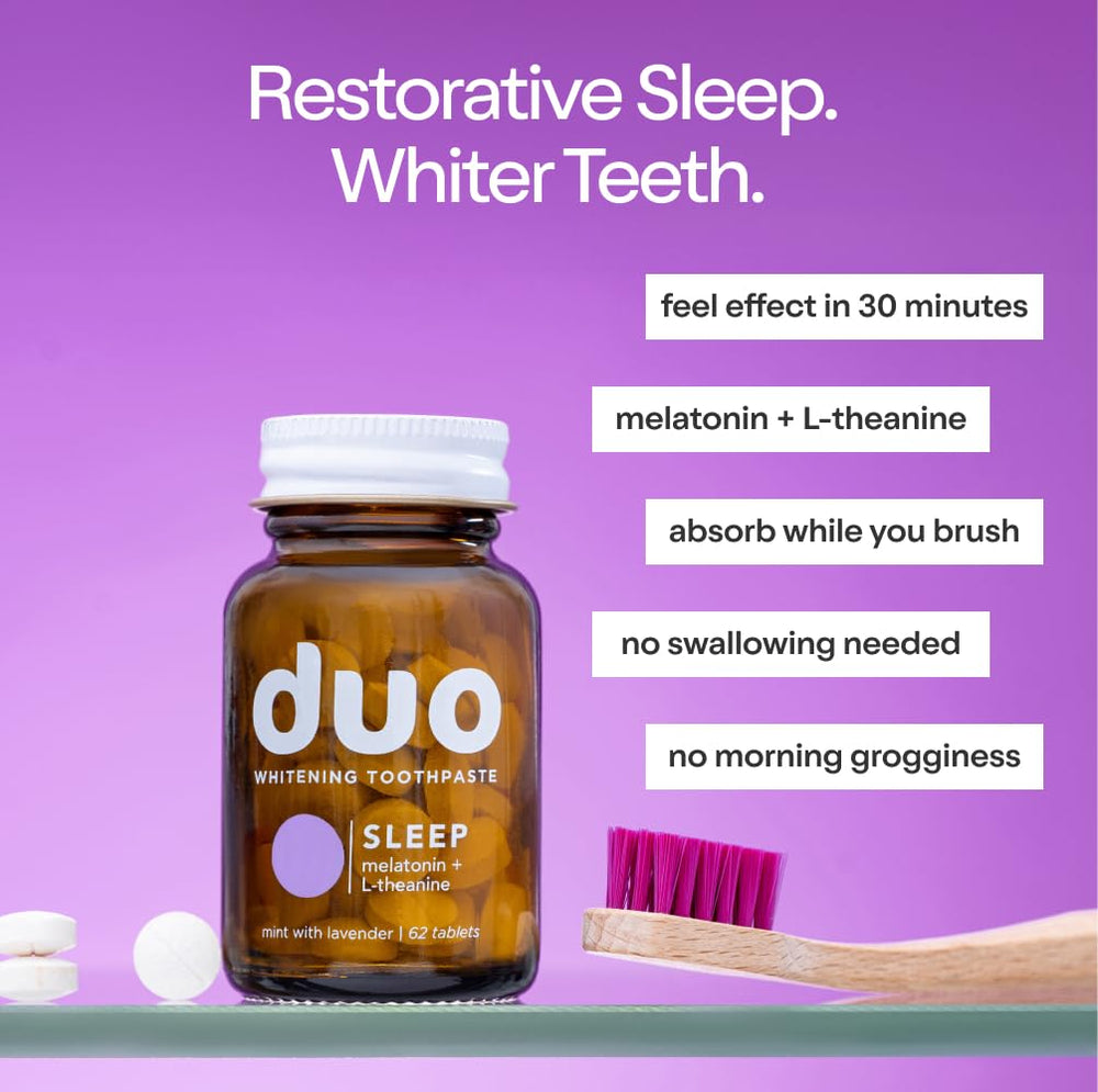 Side view of the recyclable glass bottle packaging for Duo Sleep Toothpaste Tablets