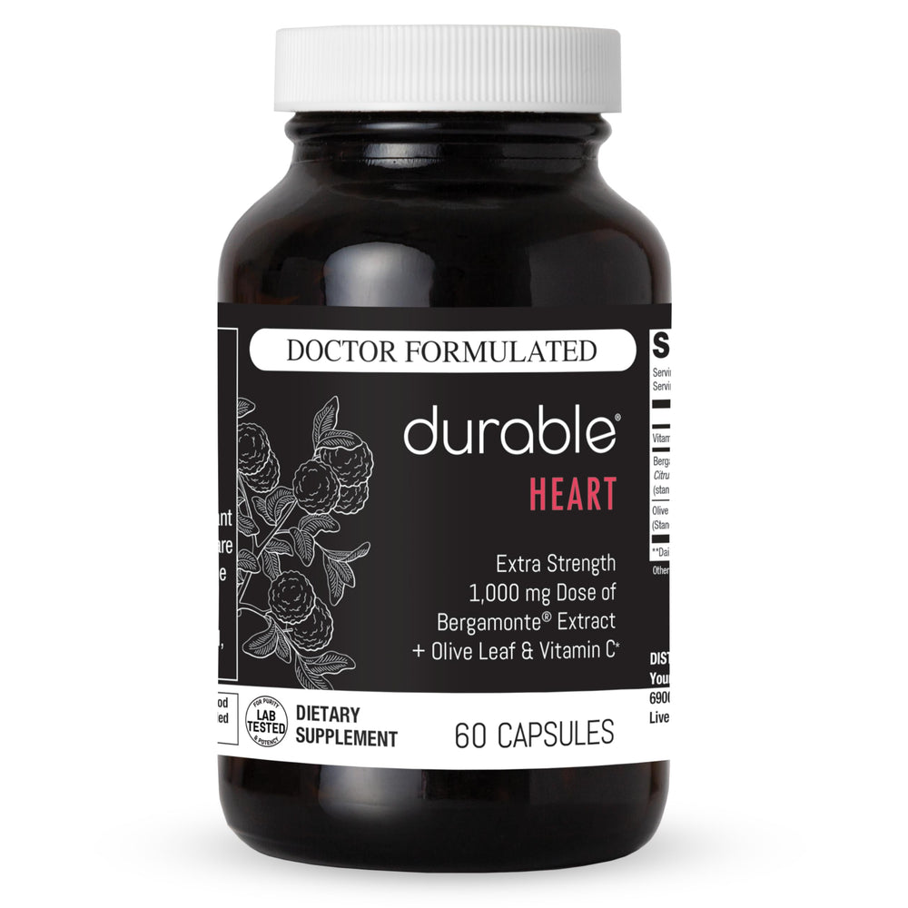 Front view of Durable Heart bottle with label