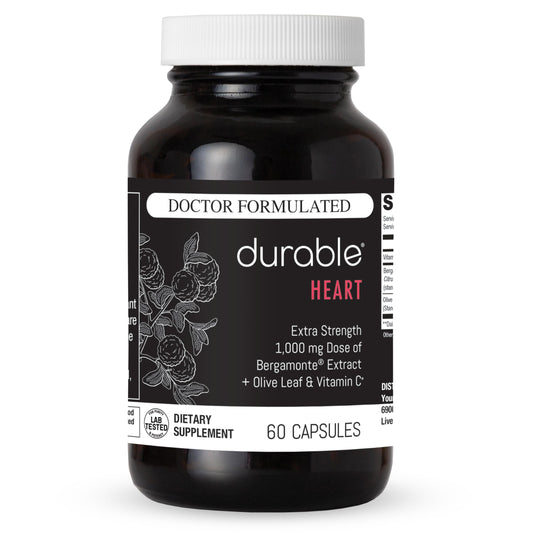 Front view of Durable Heart bottle with label
