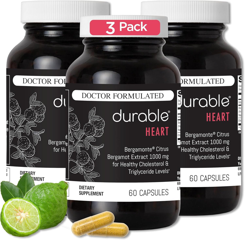 Durable Heart bottle showing Bergamonte 1000 mg with olive leaf extract and vitamin C