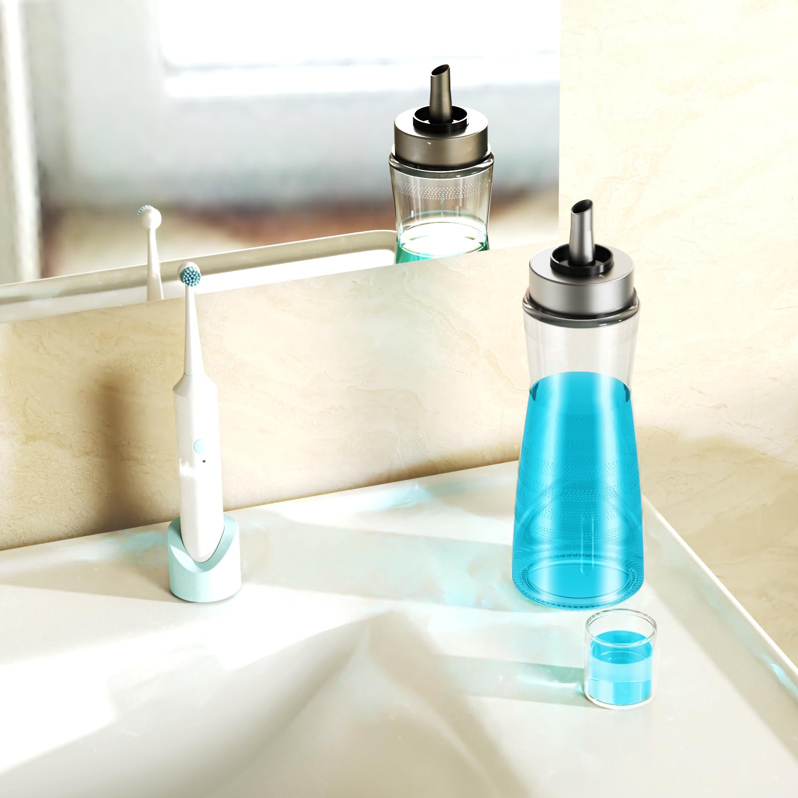 Dust cover function to keep mouthwash clean when not in use