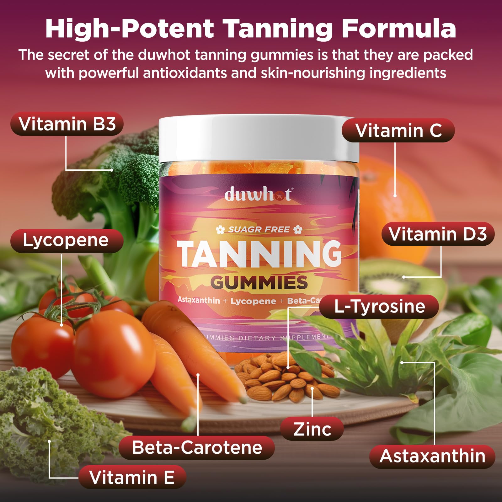 Front packaging of duwhot 9-in-1 Tanning Gummies