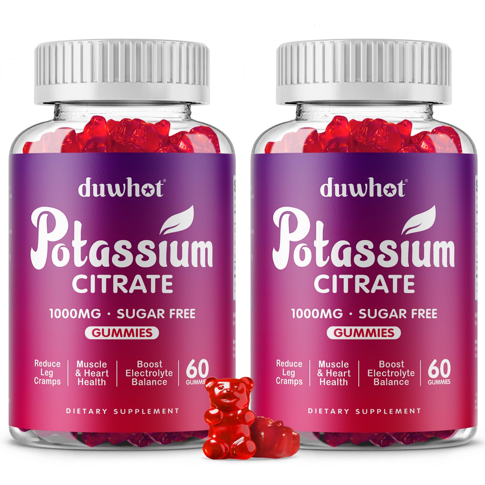 Front view of duwhot Potassium Citrate 1000mg Gummies bottle with 120 chewables
