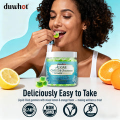 Lifestyle photo with a woman taking a vegan omega-3 gummy