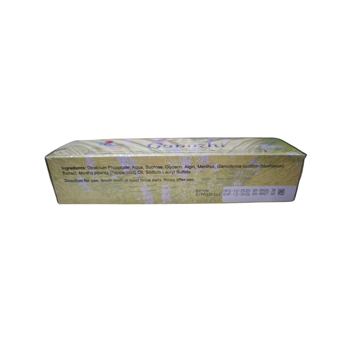 Back view of DXN Ganozhi Toothpaste 150g box showing label