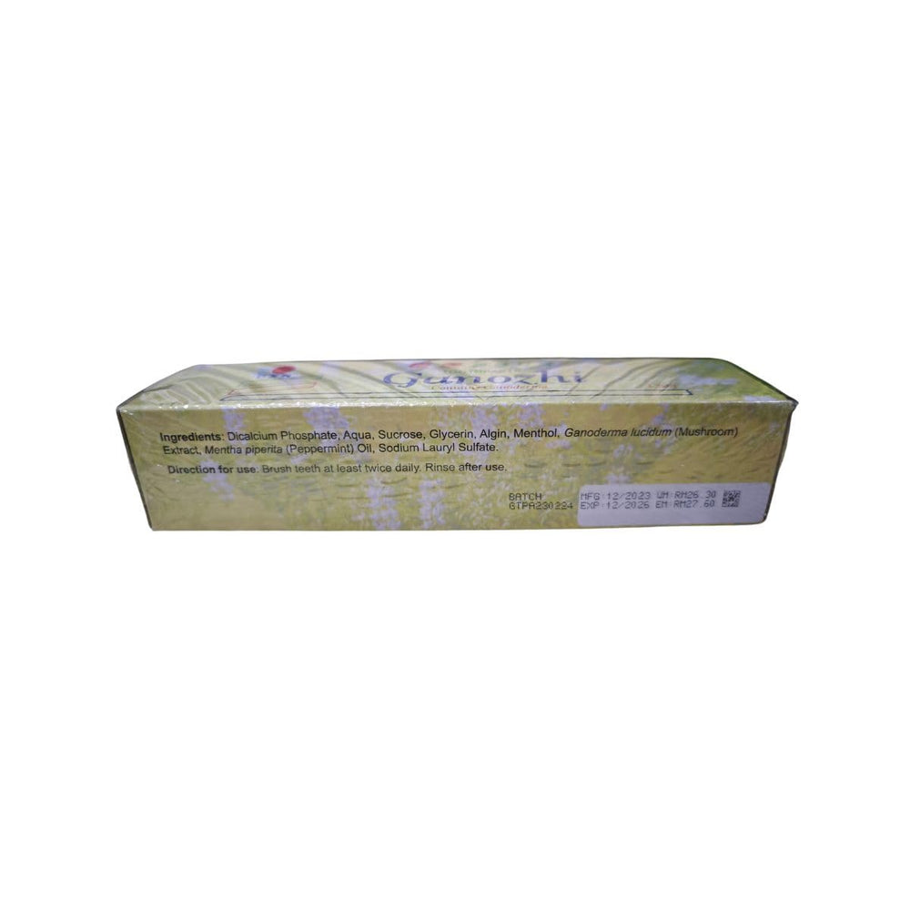 Back view of DXN Ganozhi Toothpaste 150g box showing label