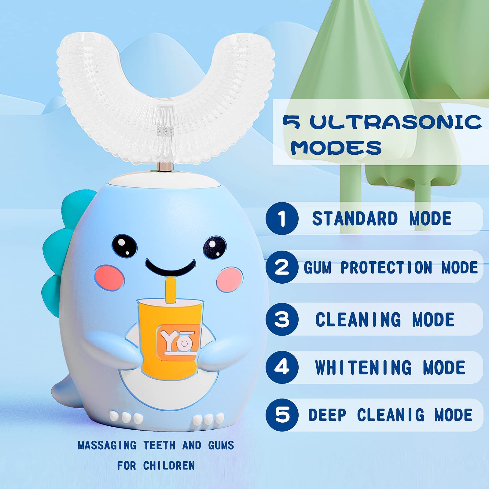 Close-up of silicone U-shaped brush heads for kids' gentle cleaning