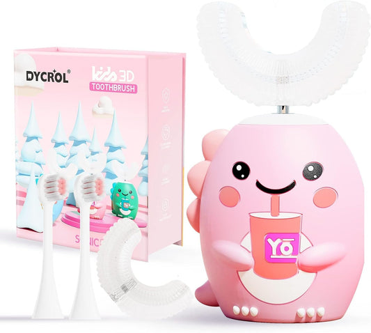DYCROL Kids U Shaped Electric Toothbrush Pink with 4 brush heads and cartoon dinosaur design