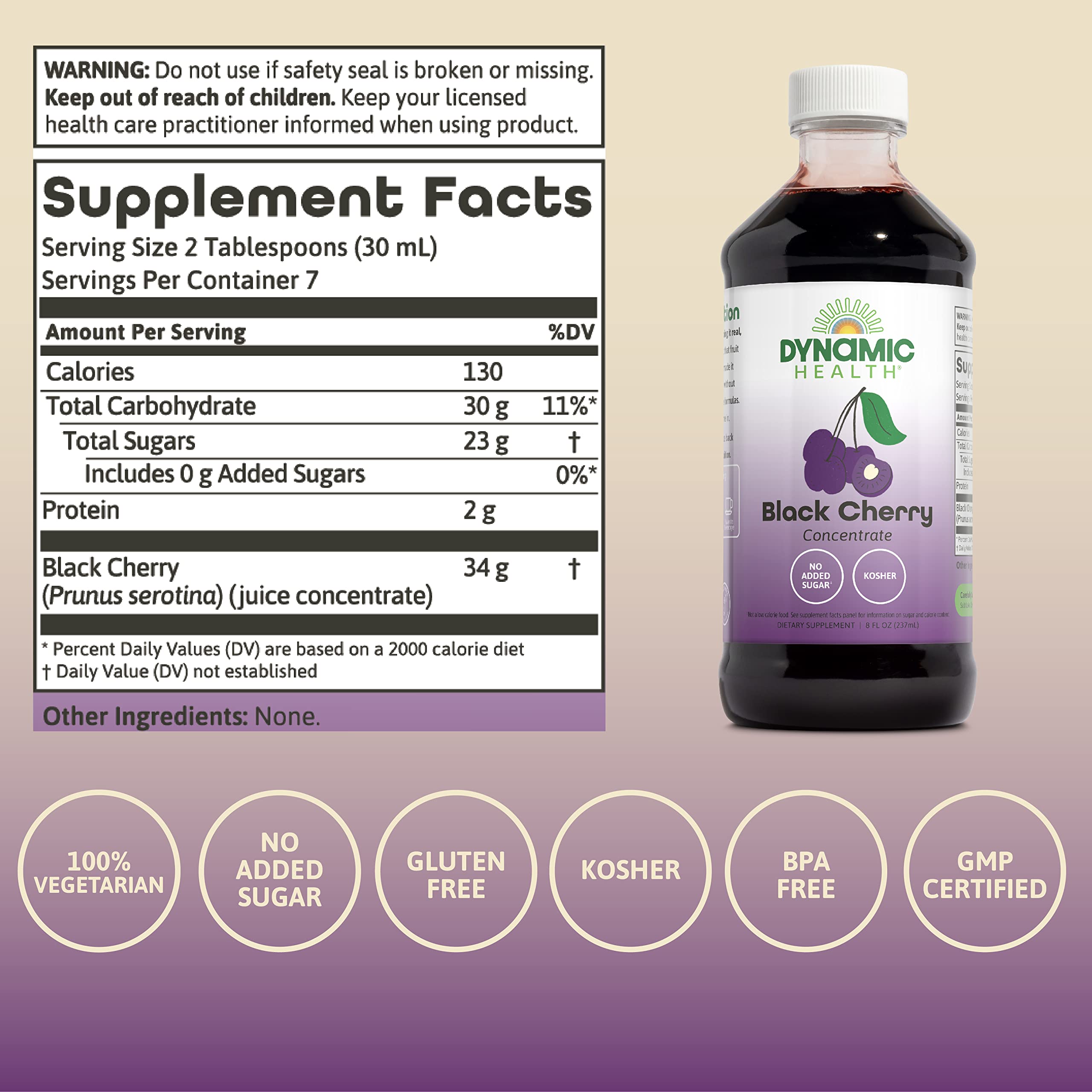 Close-up of Dynamic Health Black Cherry Juice Concentrate label