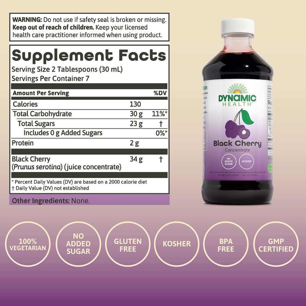 Close-up of Dynamic Health Black Cherry Juice Concentrate label