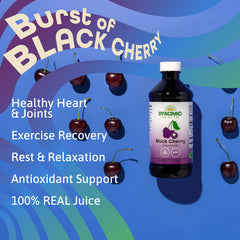 Pouring Dynamic Health Black Cherry 100% Juice Concentrate into a glass