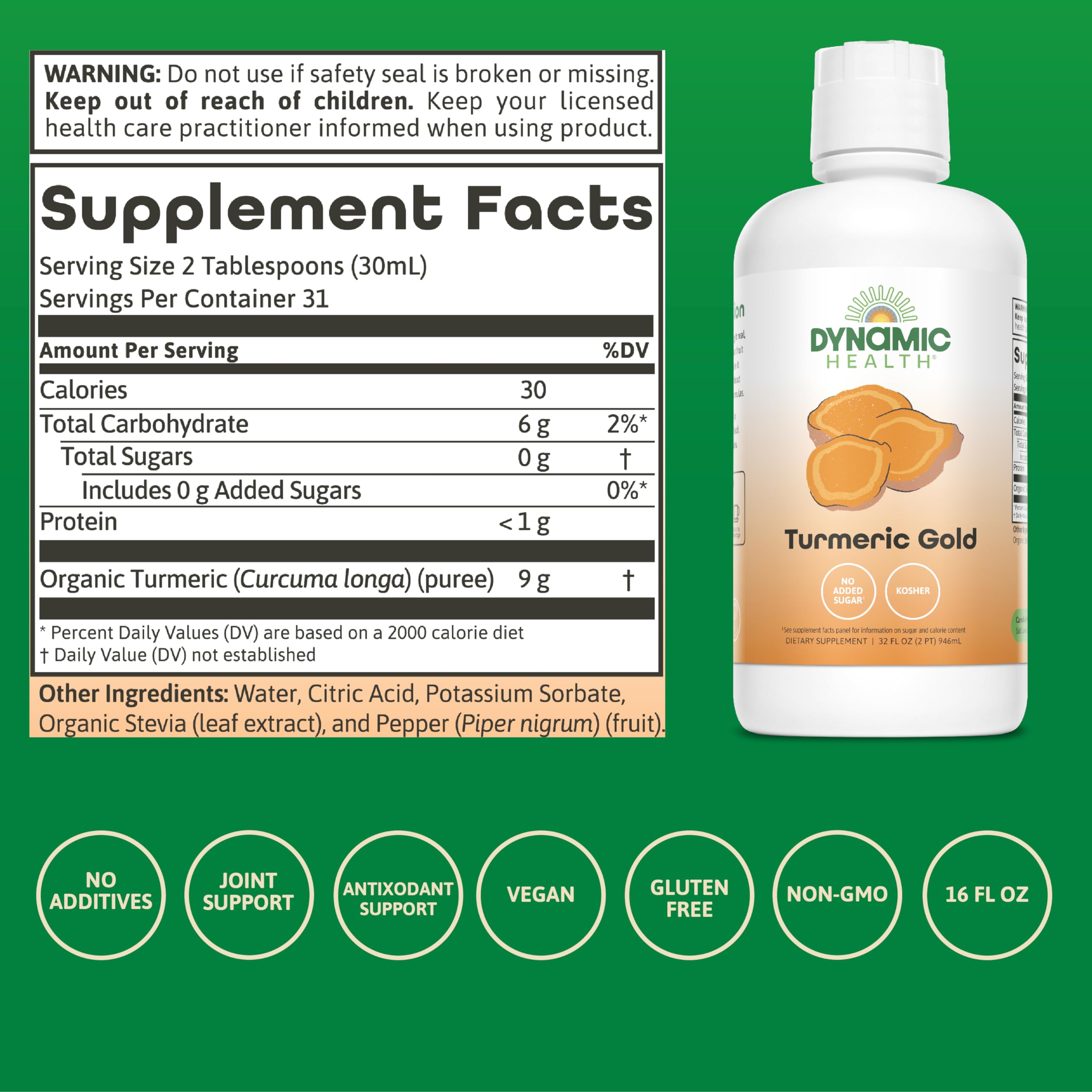 Ingredients panel for Turmeric Gold 32 oz