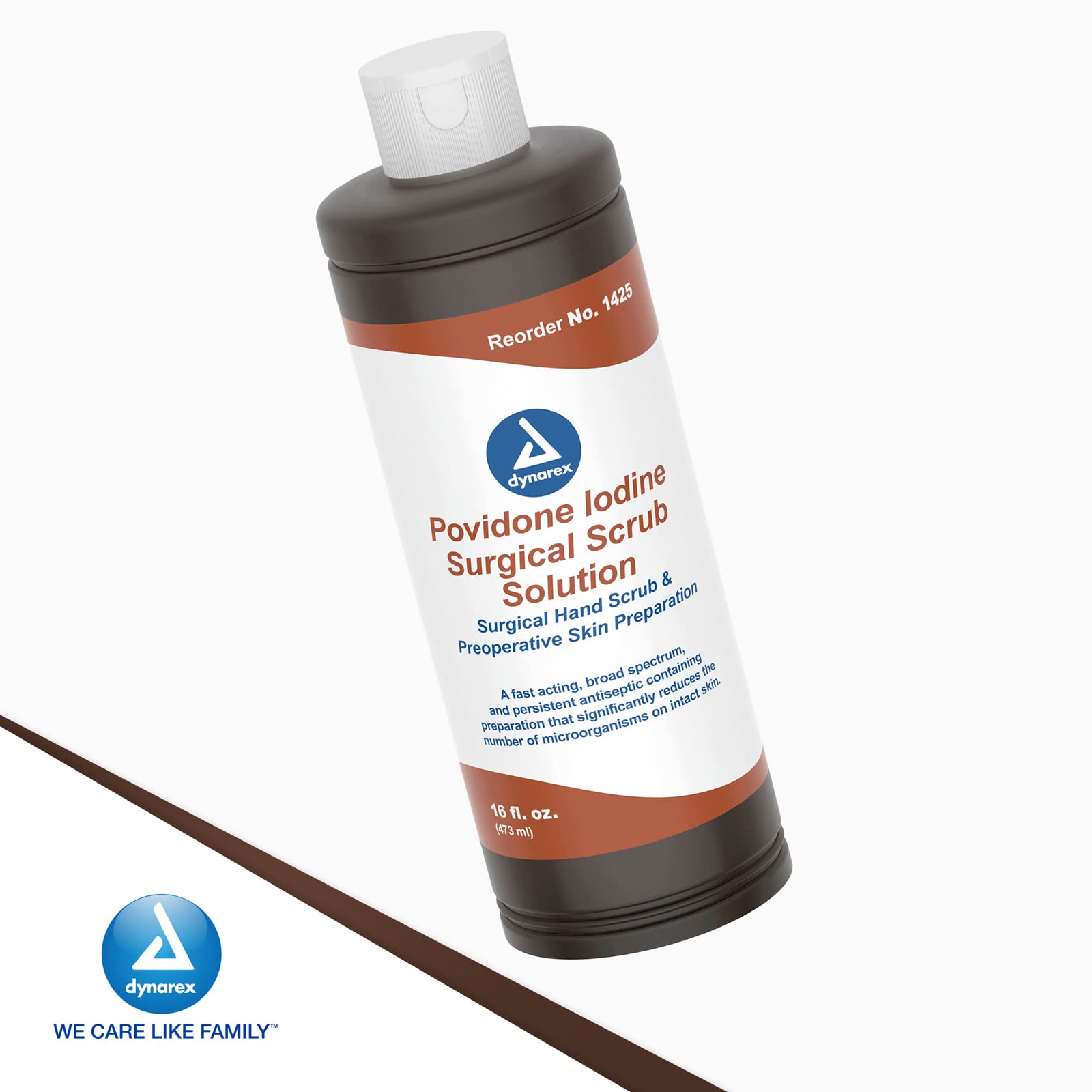 Dynarex Povidone-Iodine Scrub Solution used for wound care and skin antisepsis