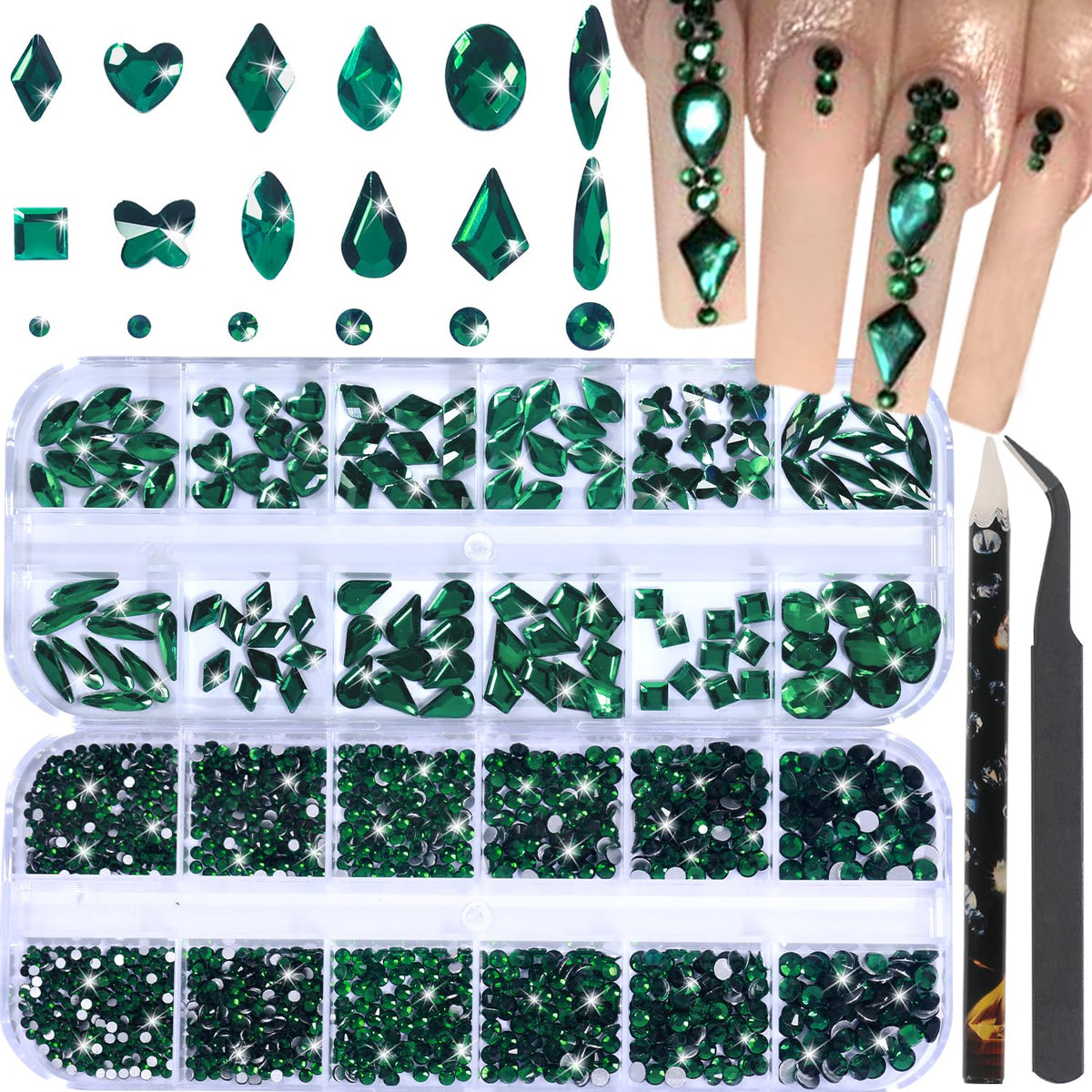DZHILHMX green flat-back rhinestones kit for bold nail art and DIY crafts.