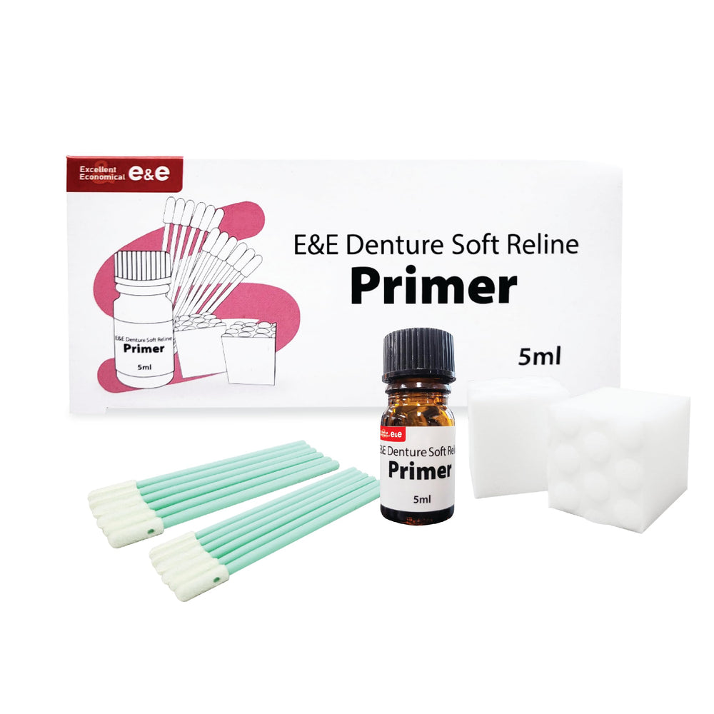 E&E Denture Soft Reline Primer bottle with included applicators