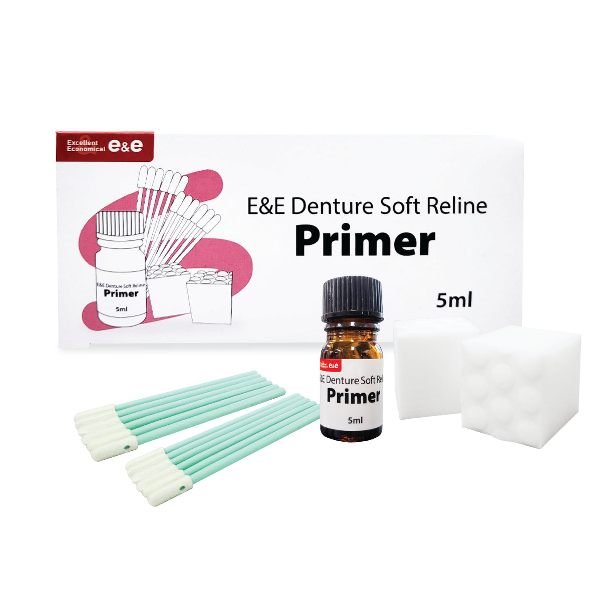 E&E Denture Soft Reline Primer bottle with included applicators