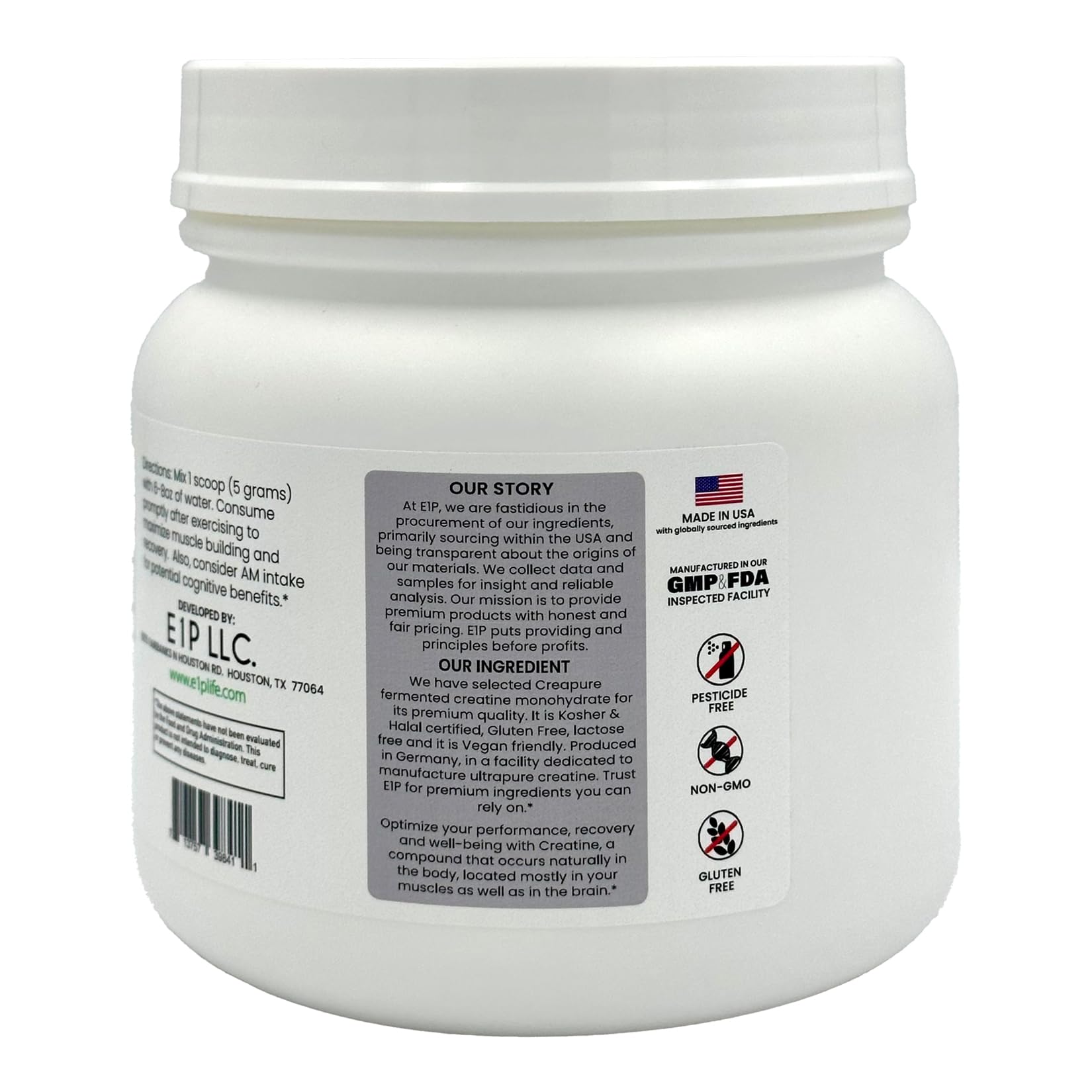 Third-party lab tested seal for E1P Creatine Monohydrate
