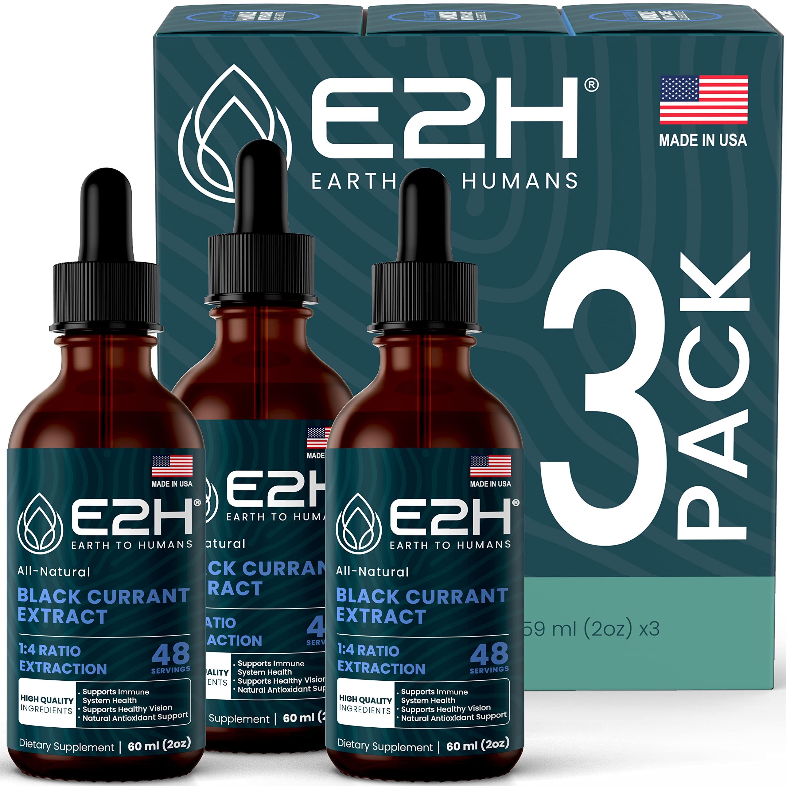 Front view of E2H Black Currant Extract bottle