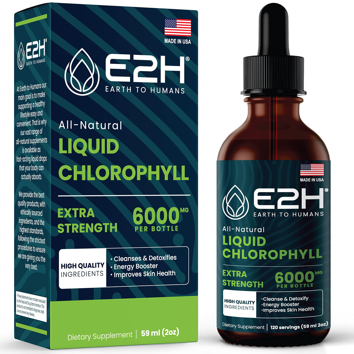 Bottle of E2H Chlorophyll Liquid Drops front view