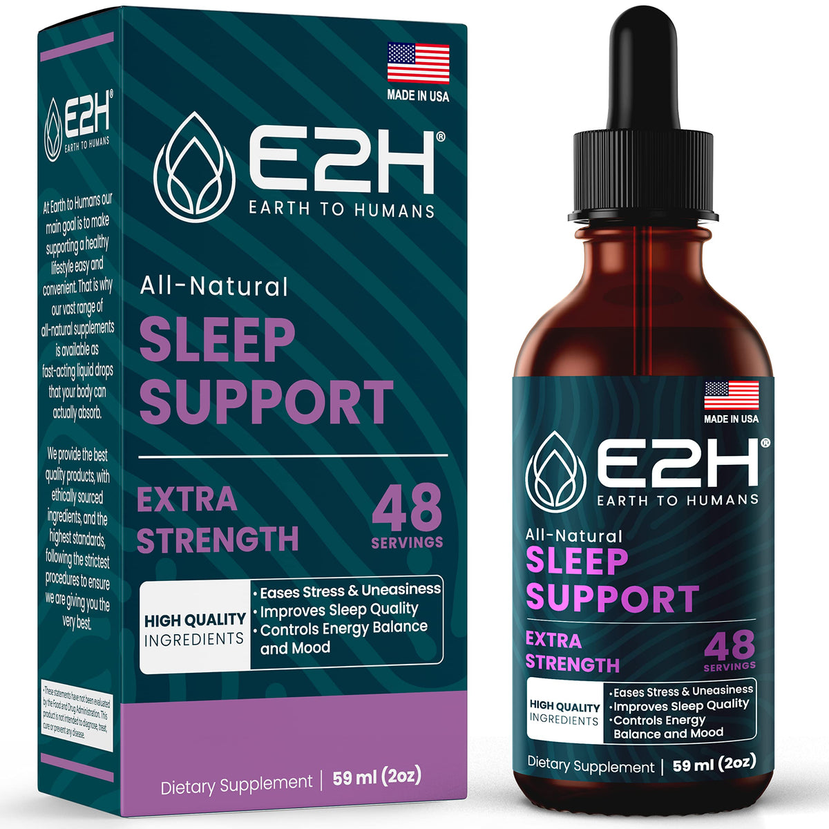 Bottle of E2H Sleep Support liquid melatonin with chamomile and lavender on the label