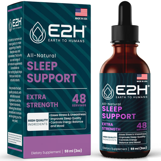 Bottle of E2H Sleep Support liquid melatonin with chamomile and lavender on the label