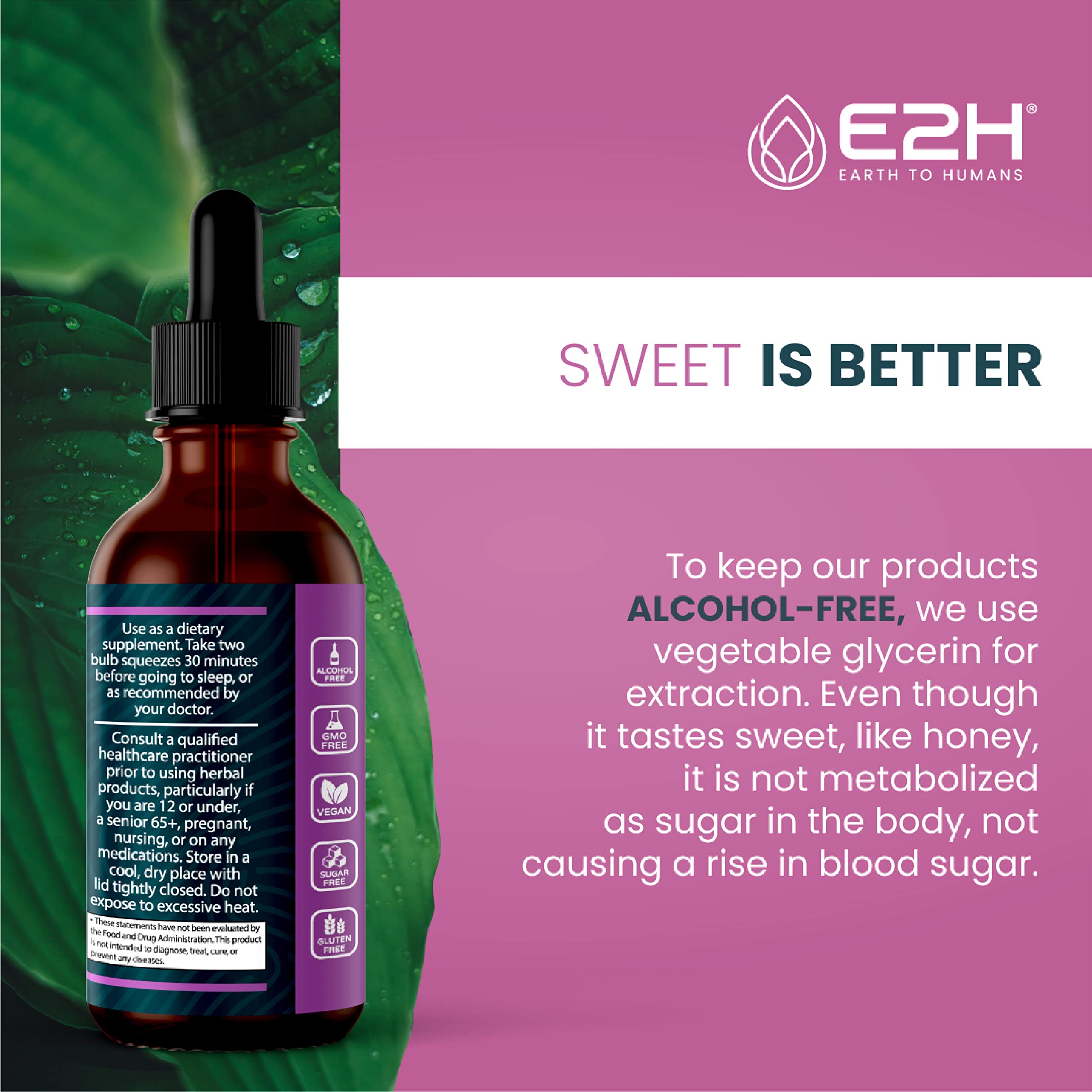 Non-GMO and vegan symbols associated with E2H Sleep Support