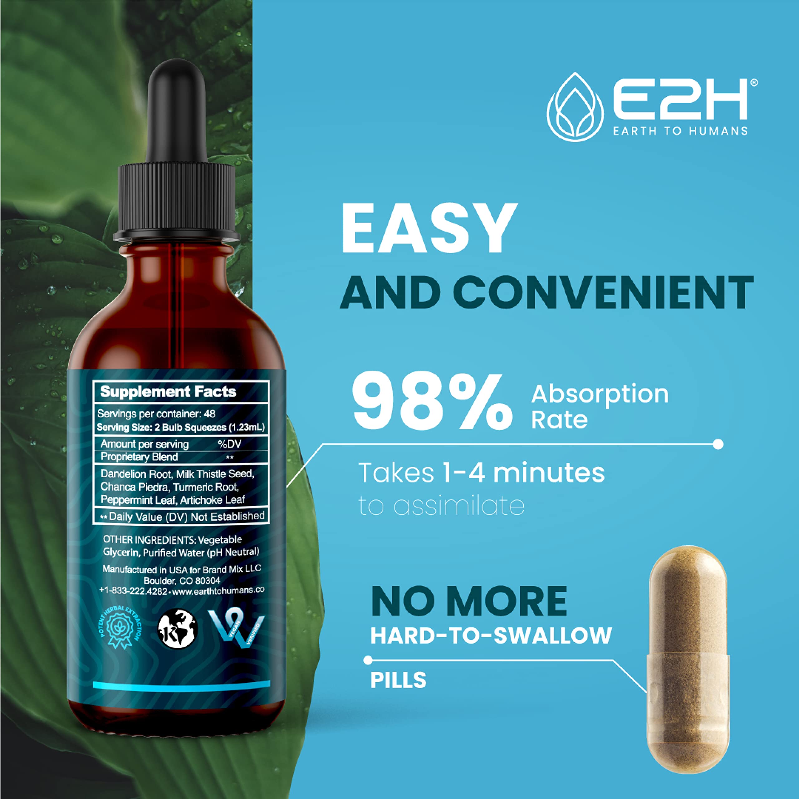 E2H vegan and non-GMO formula graphic emphasizing clean detox