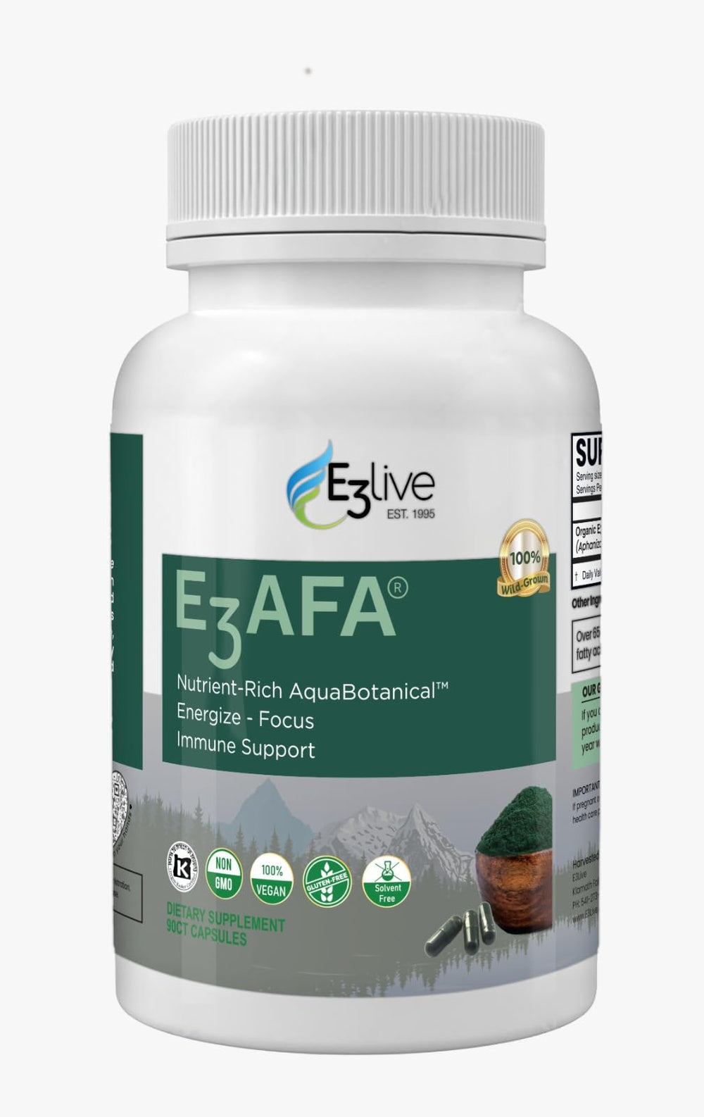 E3LIVE E3AFA 90ct (500mg) bottle label featuring AFA blue-green algae