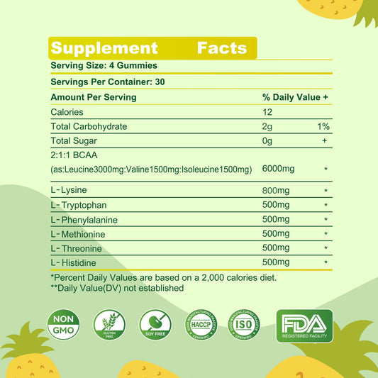 Close-up of packaging showing all 9 essential amino acids and BCAAs