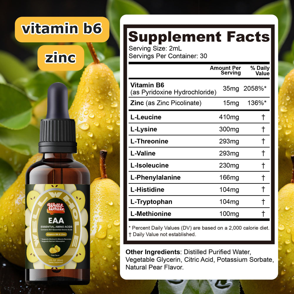 Close-up of liquid supplement dropper showing EAA bottle label