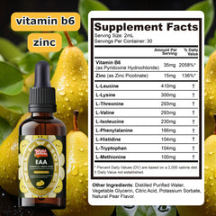 Close-up of liquid supplement dropper showing EAA bottle label