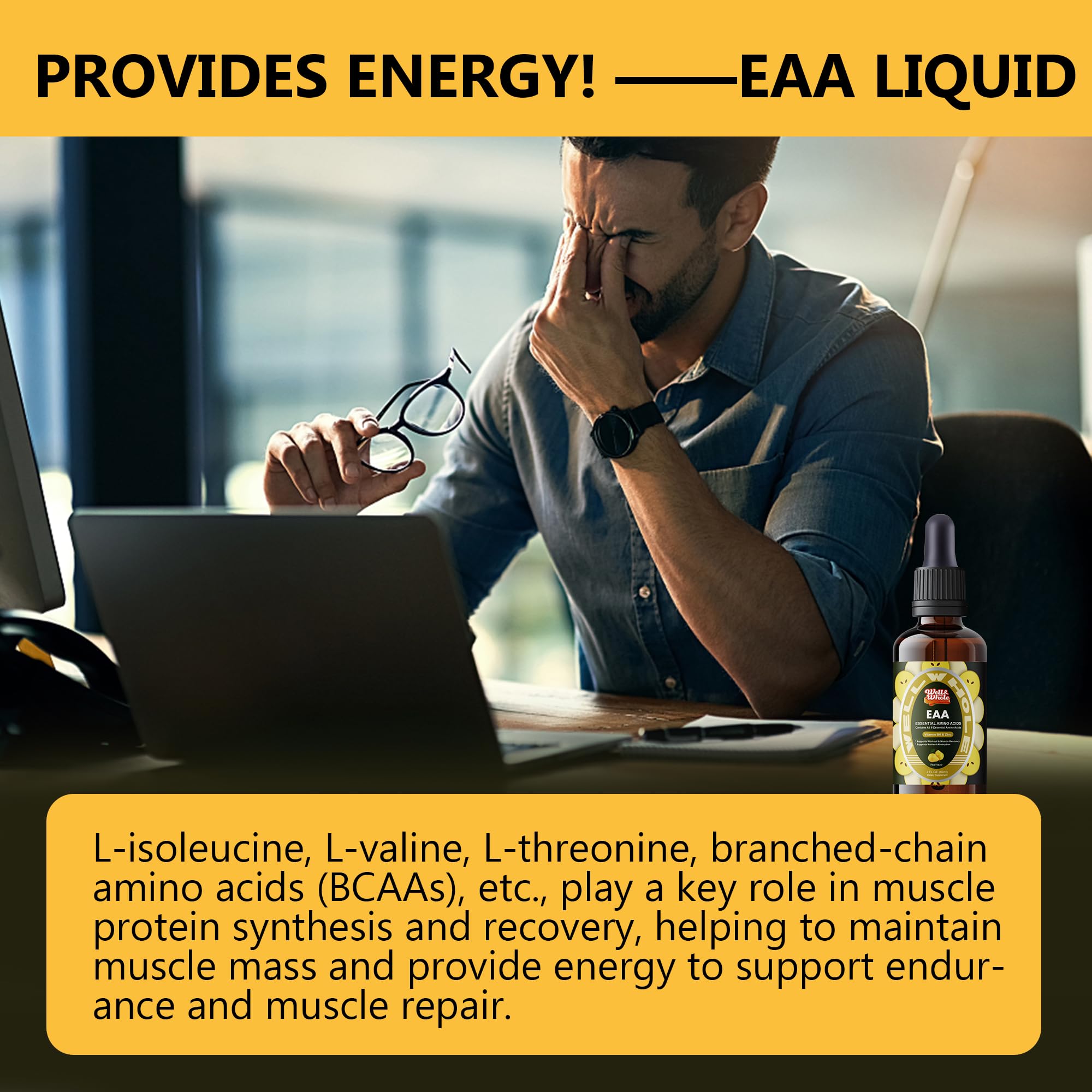 Back view of EAA Liquid Drops bottle with liver support infographic