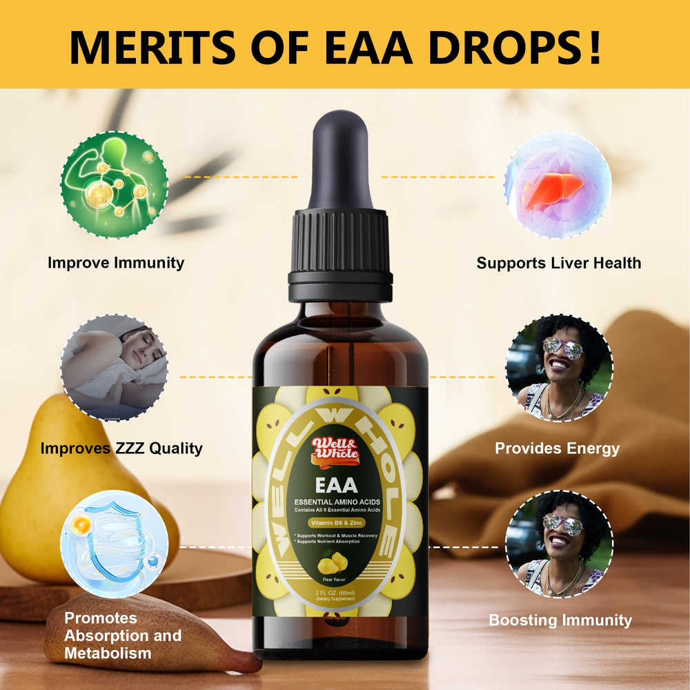 Vitamin B6 and Zinc icons beside EAA liquid drops
