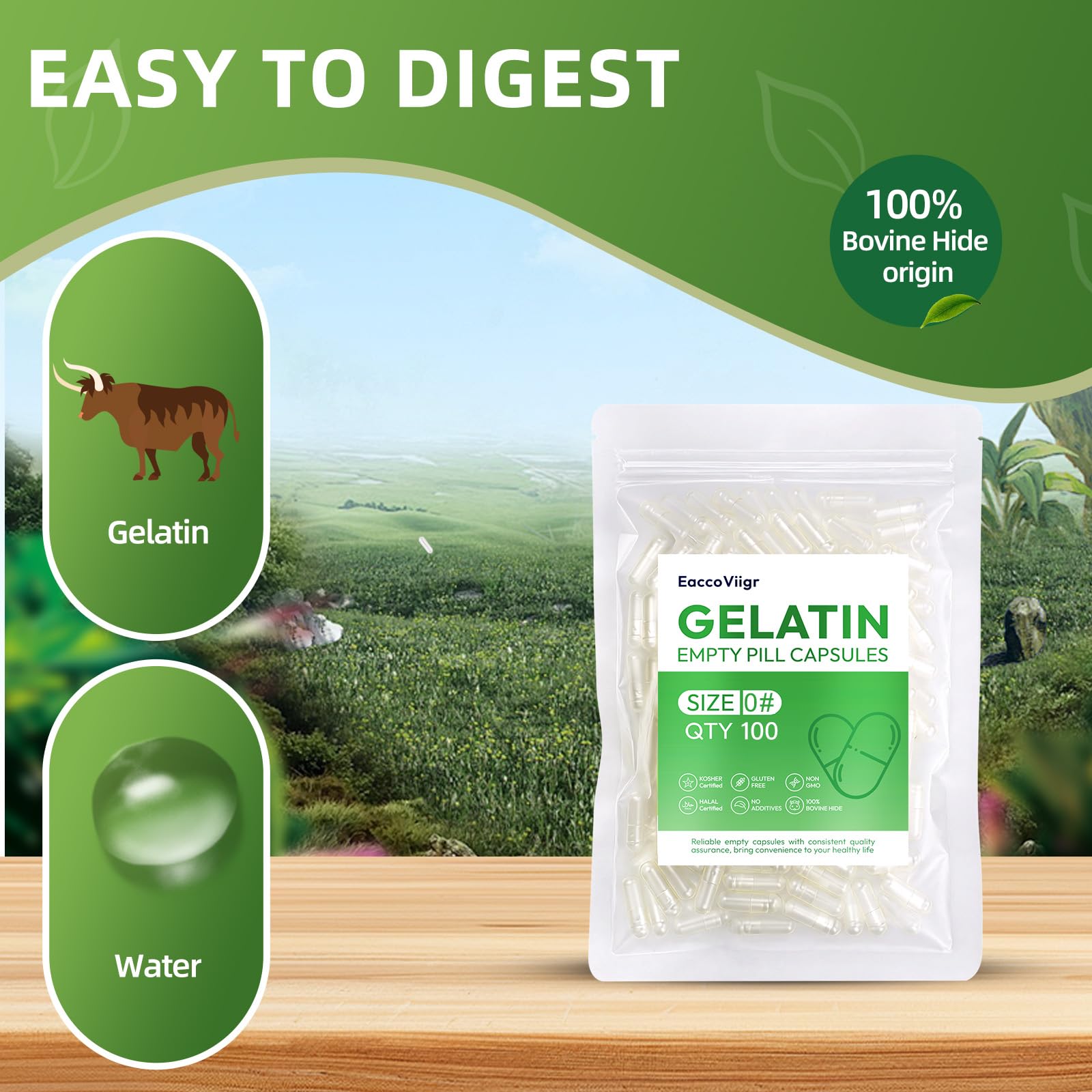 100% bovine hide gelatin capsules, additive-free and digestible